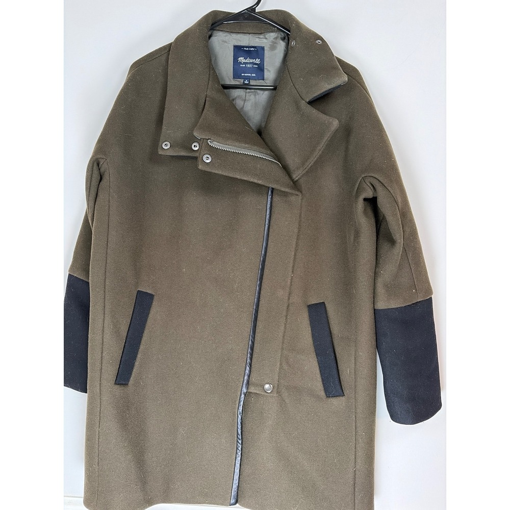 Madewell City Grid Coat Olive Green Wool Blend Leather Trim B1962 Size 8